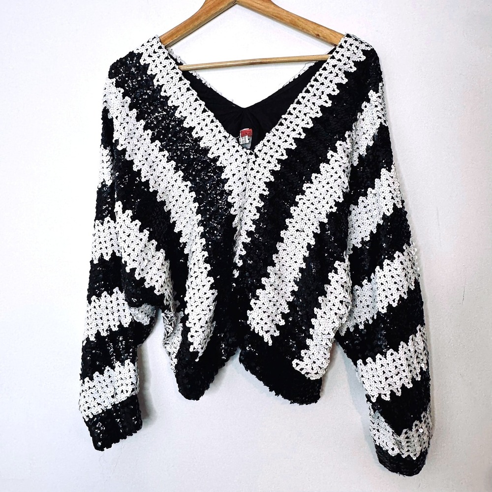 Vintage‎ 80s Marshall Rousso Sequin Top Black White Striped Party V Neck Blouse